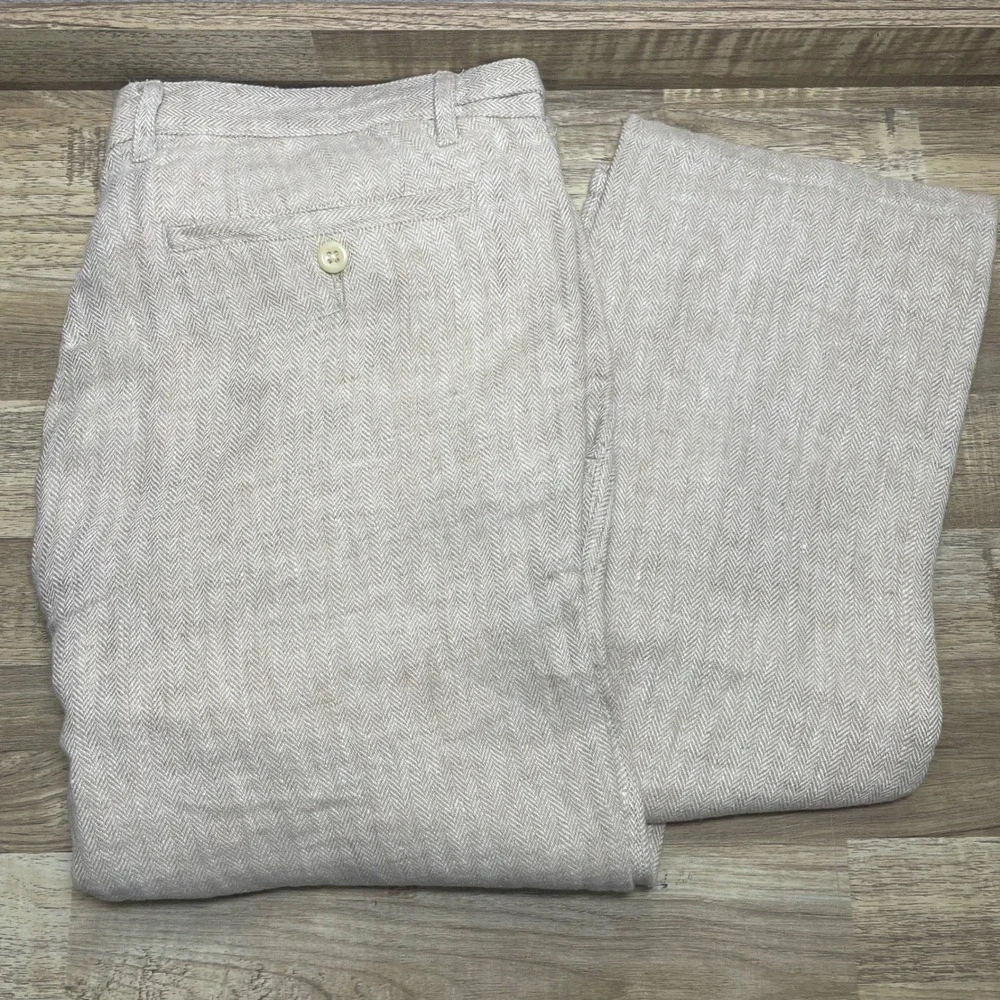 Corridor New York Mens 34 Herringbone Linen Trousers Beige Straight Leg Slacks